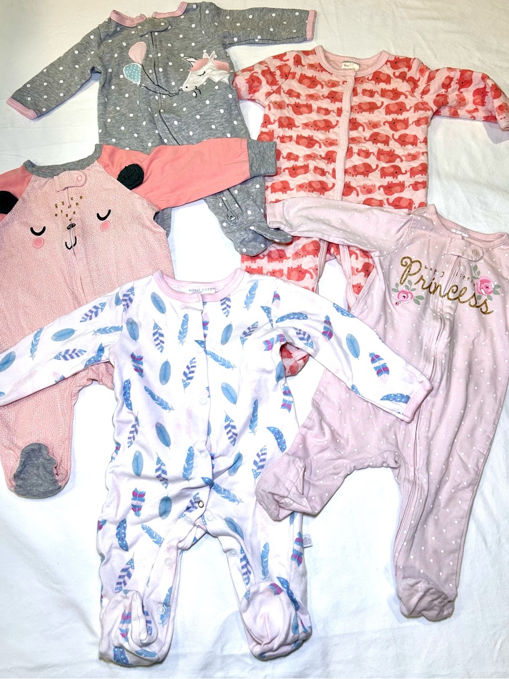 Baby Girl Footed Onesies 5 Bundle - Pink, Gray, Coral, White 0-3 Mos